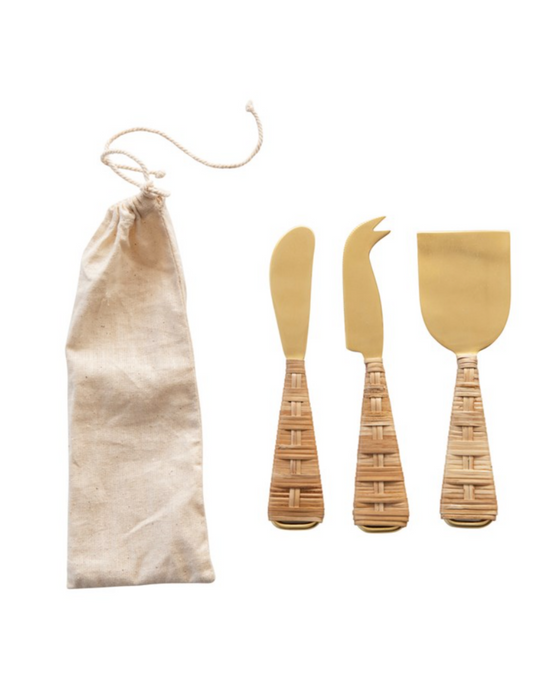 Rattan & Gold Cheese Knife Set