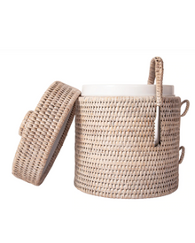  White Wash Rattan Ice Bucket with Tongs - Large